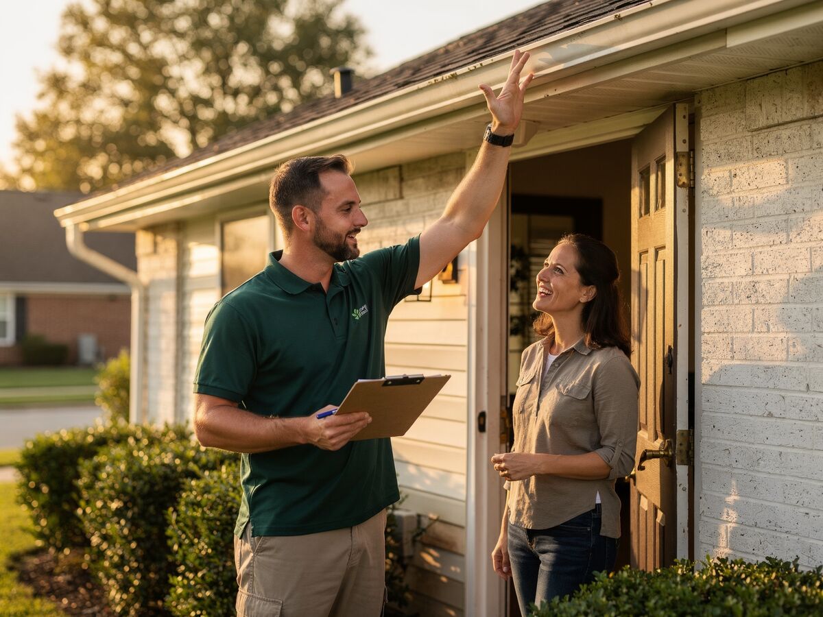 Wildlife removal technician explaining inspection to homeowner
