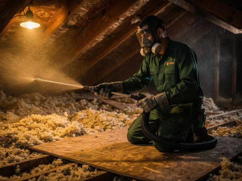 Technician in protective gear sanitizing attic space