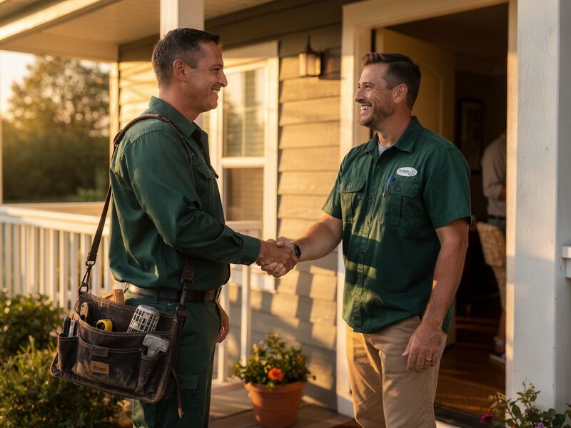 Technician and homeowner after completed wildlife removal job