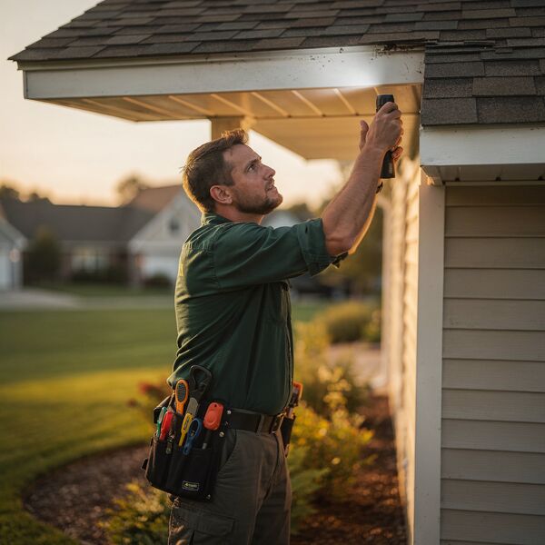 Technician carefully inspecting attic